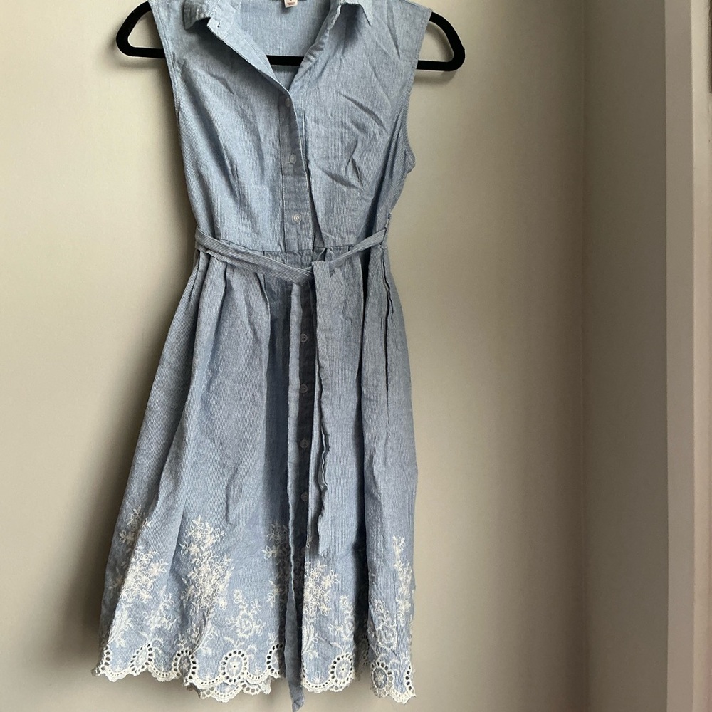 Blue Striped Shirt Dress w/ Belt Lace Hem Cottagecore Button Front Petite 4